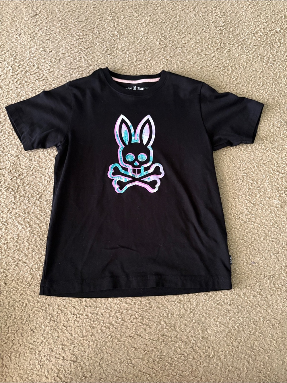 Psycho Bunny Black Tee with Holographic Bunny Skull Graphic